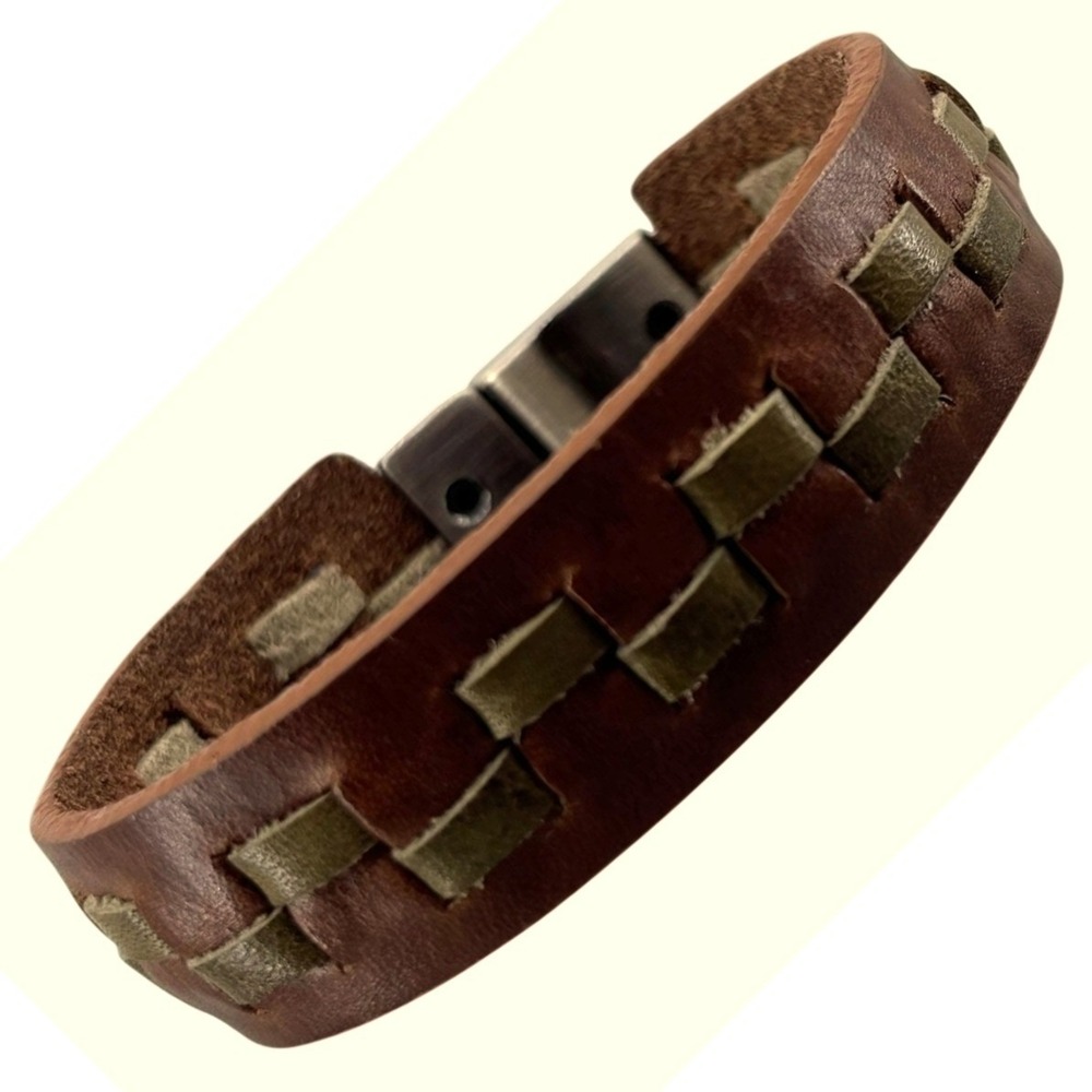 Brown & Olive Woven Leather Bracelet With Stainless Steel‎ Clasp
